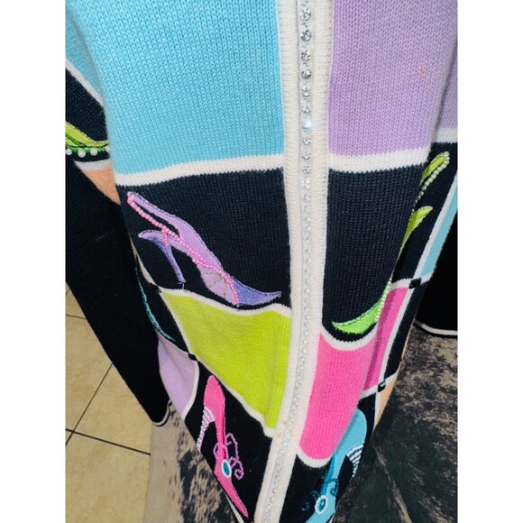 Berek Black Pink Knit Cardigan Multicolor High Heel Shoe Novelty Artsy Sweater - Picture 5 of 9